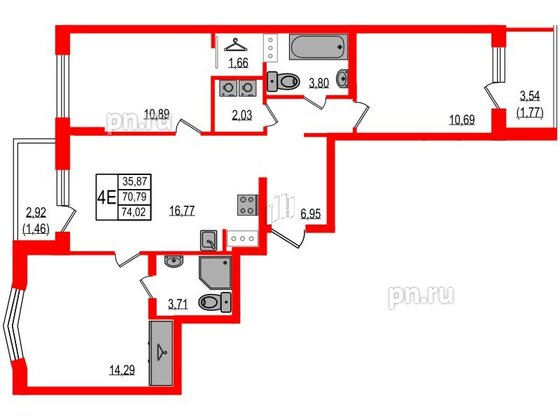 Квартира в ЖК iD Murino III, 3 комнатная, 74.02 м², 3 этаж