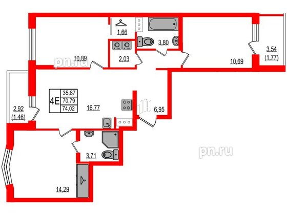 Квартира в ЖК iD Murino III, 3 комнатная, 74.02 м², 4 этаж