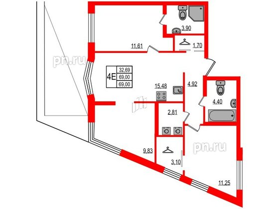 Квартира в ЖК iD Murino III, 3 комнатная, 69 м², 2 этаж