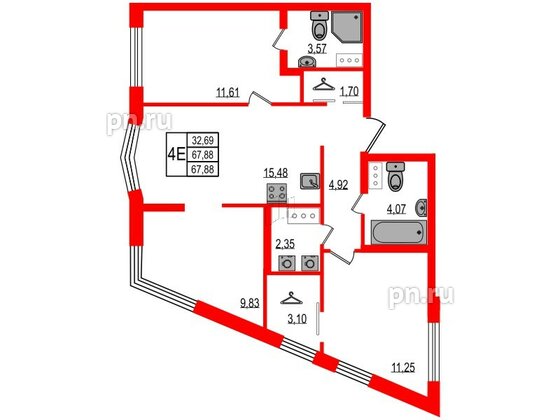 Квартира в ЖК iD Murino III, 3 комнатная, 67.88 м², 3 этаж