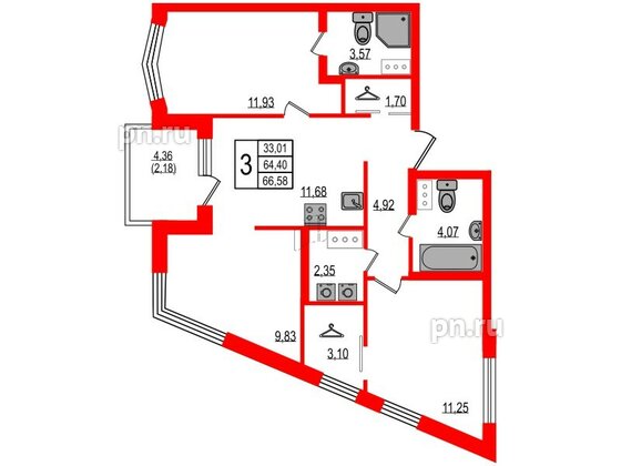 Квартира в ЖК iD Murino III, 3 комнатная, 66.58 м², 9 этаж