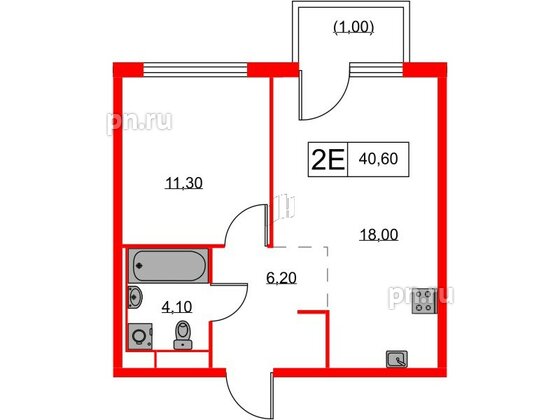 Квартира в ЖК Кантемировская 11, 1 комнатная, 40.6 м², 2 этаж