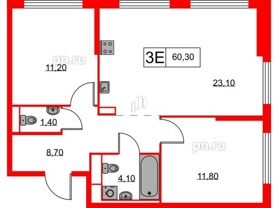 Квартира в ЖК Кантемировская 11, 2 комнатная, 60.3 м², 1 этаж