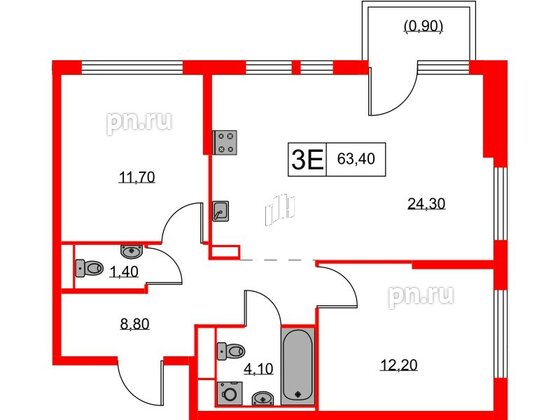 Квартира в ЖК Кантемировская 11, 2 комнатная, 63.4 м², 6 этаж