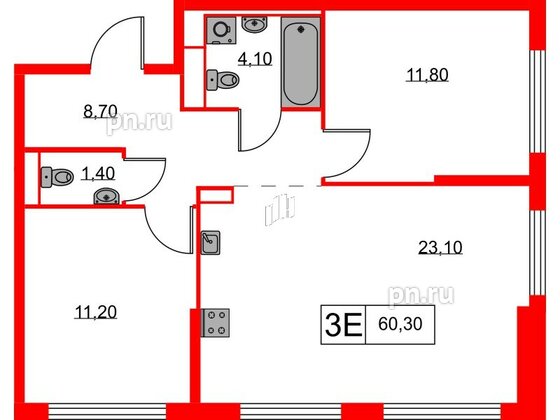 Квартира в ЖК Кантемировская 11, 2 комнатная, 60.3 м², 1 этаж