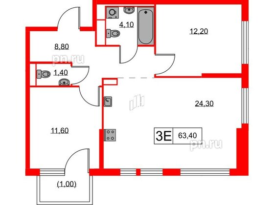 Квартира в ЖК Кантемировская 11, 2 комнатная, 63.4 м², 2 этаж