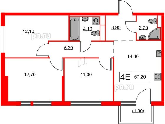 Квартира в ЖК Кантемировская 11, 3 комнатная, 67.2 м², 2 этаж