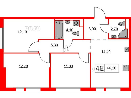 Квартира в ЖК Кантемировская 11, 3 комнатная, 66.2 м², 5 этаж