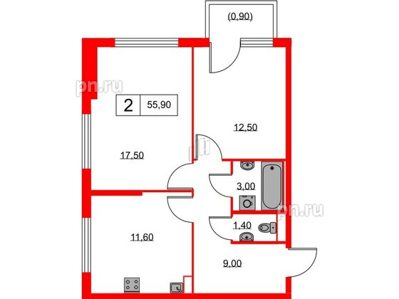 Квартира в ЖК Кантемировская 11, 2 комнатная, 55.9 м², 6 этаж