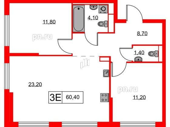 Квартира в ЖК Кантемировская 11, 2 комнатная, 60.4 м², 1 этаж