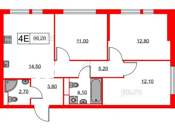 Квартира в ЖК Кантемировская 11, 3 комнатная, 66.2 м², 2 этаж