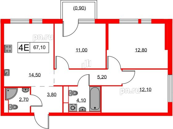 Квартира в ЖК Кантемировская 11, 3 комнатная, 67.3 м², 6 этаж