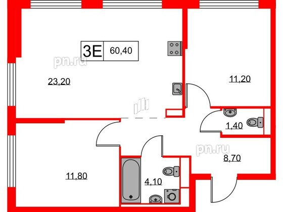 Квартира в ЖК Кантемировская 11, 2 комнатная, 60.4 м², 1 этаж