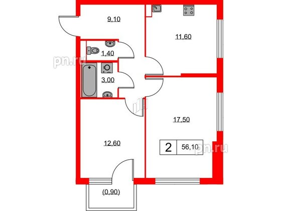 Квартира в ЖК Кантемировская 11, 2 комнатная, 56.1 м², 2 этаж