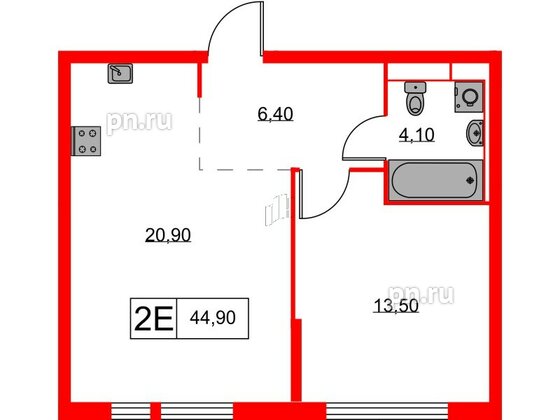 Квартира в ЖК Кантемировская 11, 1 комнатная, 44.9 м², 2 этаж