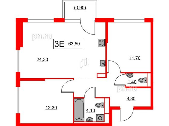 Квартира в ЖК Кантемировская 11, 2 комнатная, 63.5 м², 2 этаж