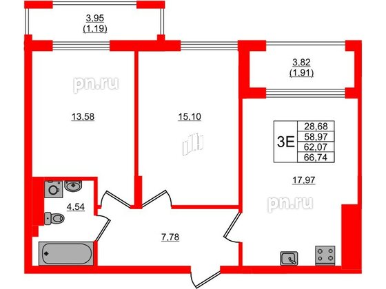 Квартира в ЖК «АЭРО», 2 комнатная, 62.07 м², 6 этаж