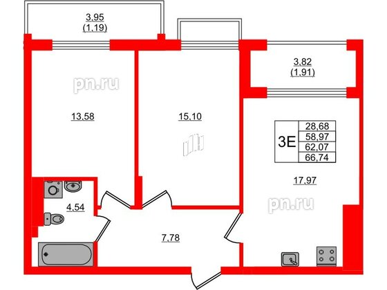 Квартира в ЖК «АЭРО», 2 комнатная, 62.07 м², 7 этаж