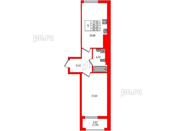 Квартира в ЖК «АЭРО», 1 комнатная, 46.54 м², 6 этаж