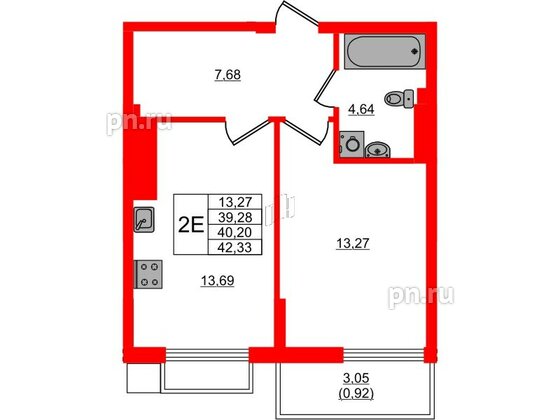 Квартира в ЖК «АЭРО», 1 комнатная, 40.2 м², 7 этаж