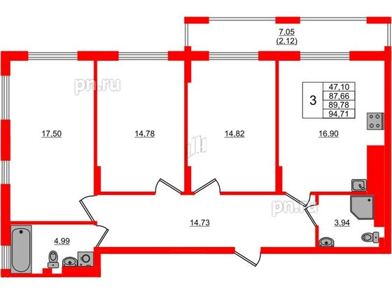 Квартира в ЖК «АЭРО», 3 комнатная, 89.78 м², 3 этаж