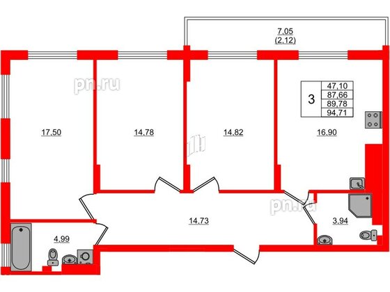 Квартира в ЖК «АЭРО», 3 комнатная, 89.78 м², 7 этаж