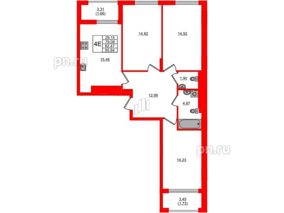 Квартира в ЖК «АЭРО», 3 комнатная, 82.47 м², 7 этаж