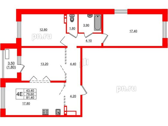 Квартира в ЖК Сибирь, 3 комнатная, 81.4 м², 2 этаж