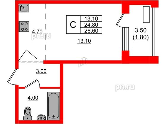 Квартира в ЖК Сибирь, студия, 26.6 м², 2 этаж