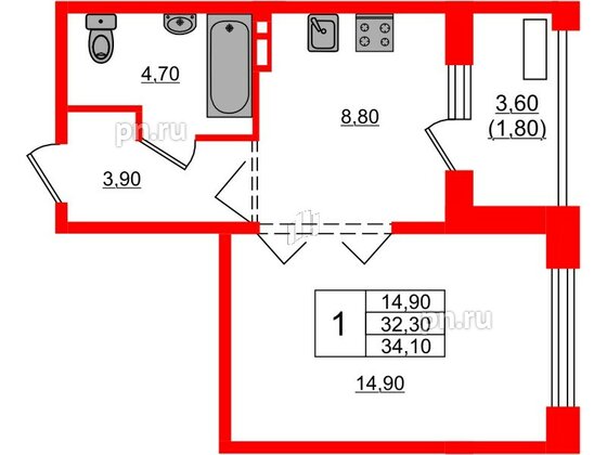 Квартира в ЖК Сибирь, 1 комнатная, 34.1 м², 4 этаж