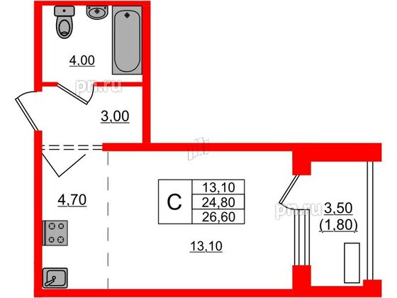 Квартира в ЖК Сибирь, студия, 26.6 м², 2 этаж