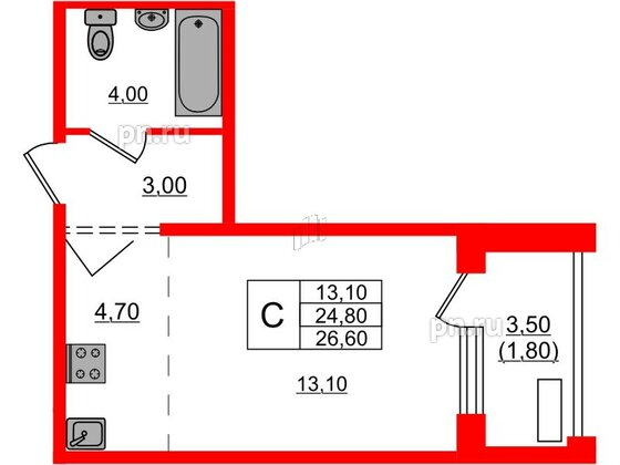 Квартира в ЖК Сибирь, студия, 26.6 м², 11 этаж