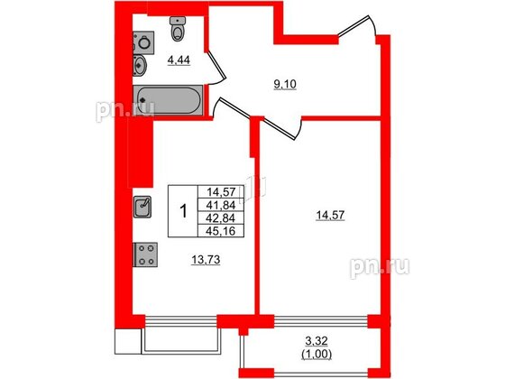 Квартира в ЖК «АЭРО», 1 комнатная, 42.84 м², 1 этаж