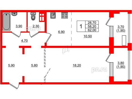 Квартира в ЖК Сибирь, 1 комнатная, 62 м², 1 этаж