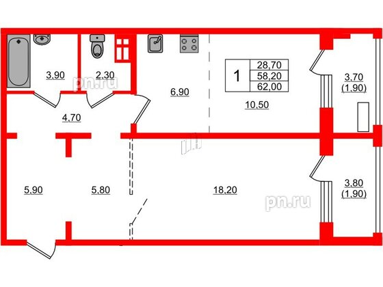 Квартира в ЖК Сибирь, 1 комнатная, 62 м², 3 этаж