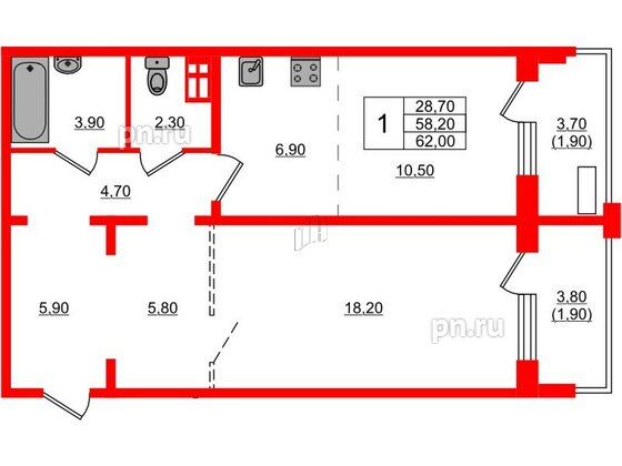 Квартира в ЖК Сибирь, 1 комнатная, 62 м², 6 этаж