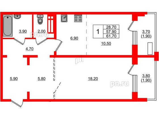 Квартира в ЖК Сибирь, 1 комнатная, 61.7 м², 9 этаж