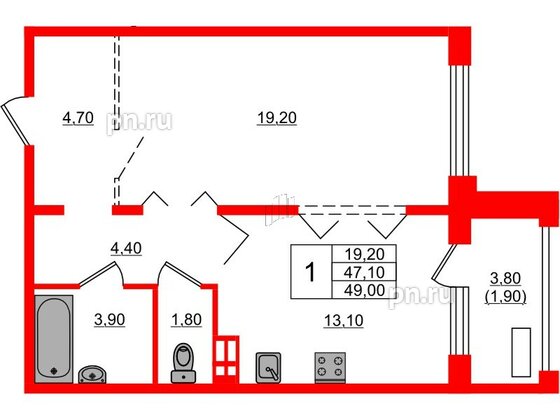 Квартира в ЖК Сибирь, 1 комнатная, 49 м², 1 этаж