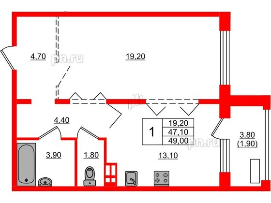 Квартира в ЖК Сибирь, 1 комнатная, 49 м², 4 этаж