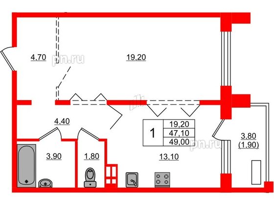 Квартира в ЖК Сибирь, 1 комнатная, 49 м², 6 этаж