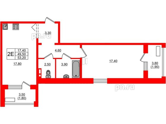 Квартира в ЖК Сибирь, 1 комнатная, 53.2 м², 1 этаж