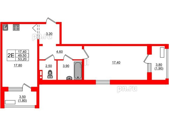 Квартира в ЖК Сибирь, 1 комнатная, 53.2 м², 2 этаж