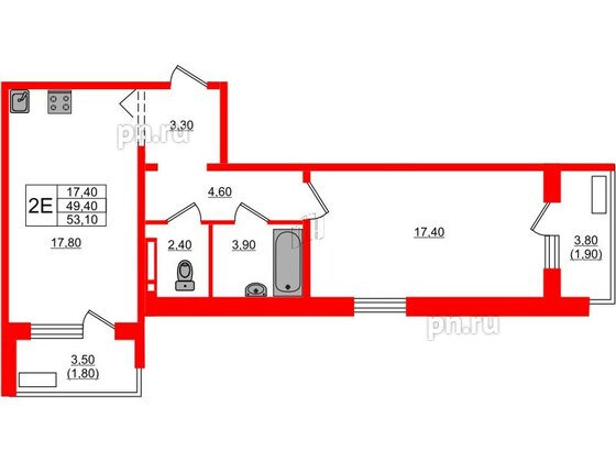 Квартира в ЖК Сибирь, 1 комнатная, 53.1 м², 13 этаж