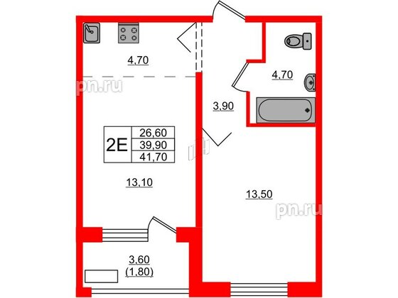 Квартира в ЖК Сибирь, 1 комнатная, 41.7 м², 2 этаж