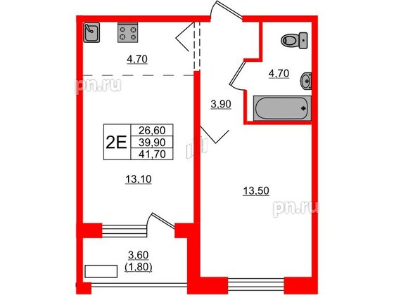 Квартира в ЖК Сибирь, 1 комнатная, 41.7 м², 11 этаж