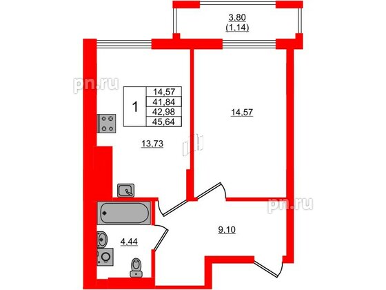 Квартира в ЖК «АЭРО», 1 комнатная, 42.98 м², 3 этаж