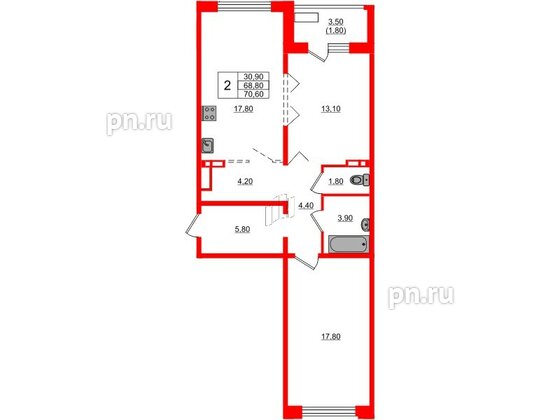 Квартира в ЖК Сибирь, 2 комнатная, 70.6 м², 1 этаж