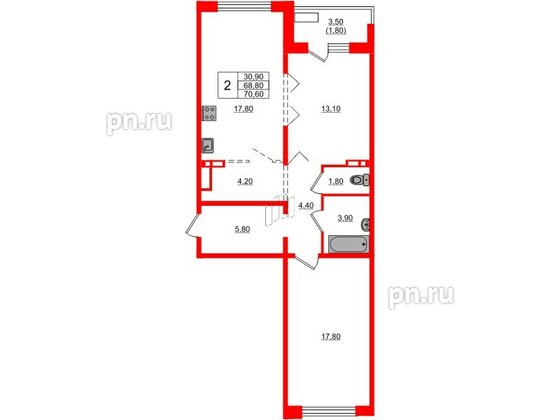 Квартира в ЖК Сибирь, 2 комнатная, 70.6 м², 8 этаж