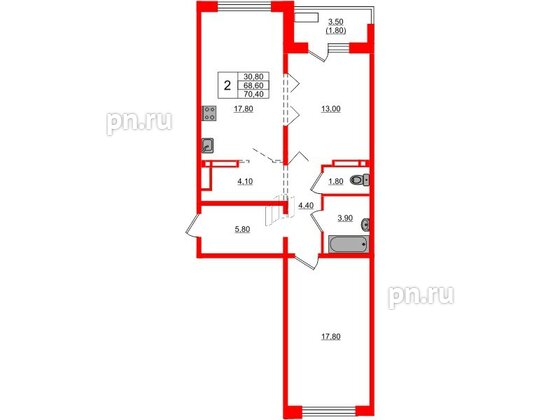 Квартира в ЖК Сибирь, 2 комнатная, 70.4 м², 9 этаж