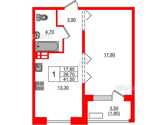 Квартира в ЖК Сибирь, 1 комнатная, 41.5 м², 1 этаж